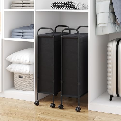 ELYKEN Slim Laundry Hamper with Lid & Wheels, 50L Rolling Laundry Basket | 7.9" Narrow Design, 50L, Removable Liner Bag, Lockable Wheels, Space Saving Clothes Hamper for Bathroom, Bedroom, Closet - style: Black-50L