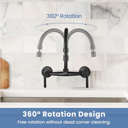 Airuida 8 Inch Center Matte Black Wall Mounted Kitchen Sink Faucet | 360° Degree Swivel Spout,Double Handle,Wall Mount Utility Sink Faucet - color: Matte Black