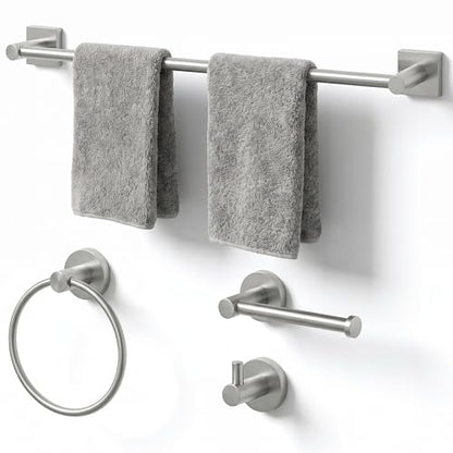 24-Inch Wall Mounted Towel Racks for Bathroom – Space Saver 4-Piece Durable Stainless Steel Bathroom Hardware Set with Towel Bar, Towel Ring, Toilet Paper Holder & Hook, Brushed Nickel - color: Brushed Nickel
