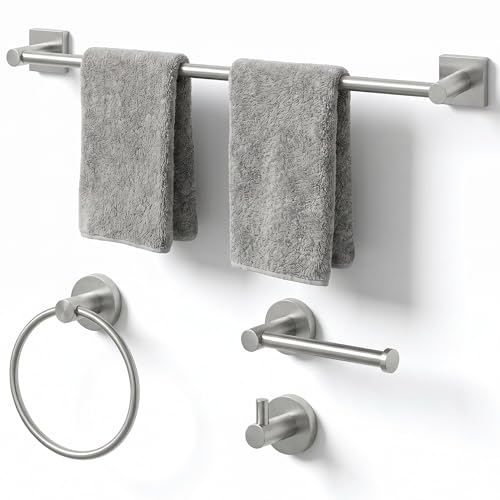 24-Inch Wall Mounted Towel Racks for Bathroom – Space Saver 4-Piece Durable Stainless Steel Bathroom Hardware Set with Towel Bar, Towel Ring, Toilet Paper Holder & Hook, Brushed Nickel - color: Brushed Nickel