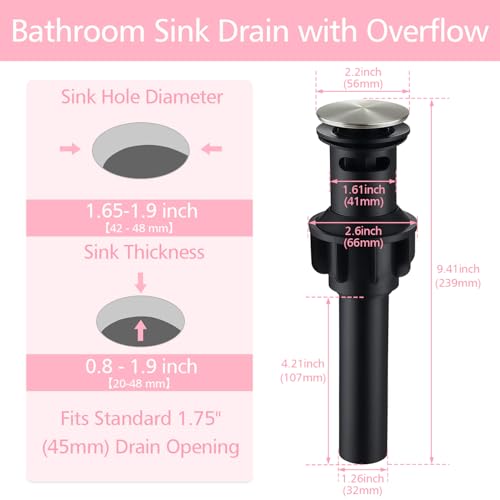 Bathroom Sink Drain with Overflow,Nickel Brushed Bathroom Sink Stopper | Pop Up Drain Assembly with Detachable Basket Stopper,for Bathroom Vanity Vessel Sink,with Silicone Hair Catcher - color: Bathroom Sink Drain -Nickel Brushed