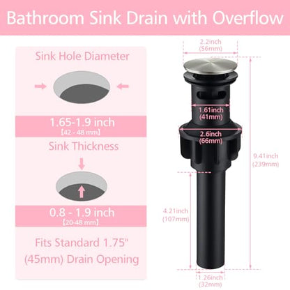 Bathroom Sink Drain with Overflow,Nickel Brushed Bathroom Sink Stopper | Pop Up Drain Assembly with Detachable Basket Stopper,for Bathroom Vanity Vessel Sink,with Silicone Hair Catcher - color: Bathroom Sink Drain -Nickel Brushed