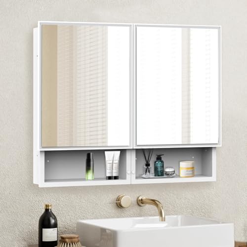 32x26 Inch Bathroom Medicine Cabinet with Mirror, Double Door Wall Mounted Storage with Extra Drawers, Bevel Edge Mirror, Adjustable Shelves, for Recessed or Surface Mount Installation - style: CS5003-3226