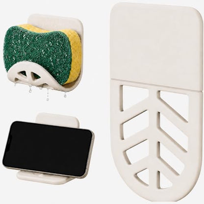 Silicone Sponge Holder with Adhesive Mount, Bathroom & Kitchen Sink Caddy with Drain Holes, Phone Stand, Compact Countertop or Faucet Edge Storage, White