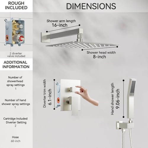 STARBATH Shower Faucet Set Shower System with Diverter Valve Brushed Nickel | 8" Wall Mount Rain Shower Head and Handheld Spray for Two Person,Shower System with Diverter Valve and Trim Kit Complete - color: Brushed Nickel, size: 8"-01