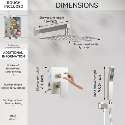 STARBATH Shower Faucet Set Shower System with Diverter Valve Brushed Nickel | 8" Wall Mount Rain Shower Head and Handheld Spray for Two Person,Shower System with Diverter Valve and Trim Kit Complete - color: Brushed Nickel, size: 8"-01