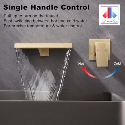 Waterfall Wall Mount Tub Faucet Bathroom Bathtub Faucet Sink Faucet Single Handle Tub Filler Rough-in Valve Included Brushed Gold Modern Basin Mixer Tap