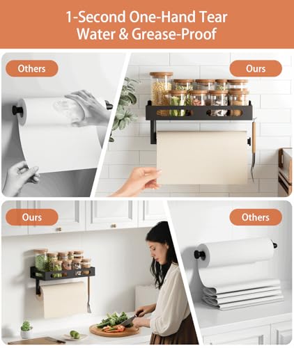 Paper Towel Holder Wall Mount for Kitchen, One-Handed Tear, Bathroom Paper Towel Holder with Shelf, RV Paper Towel Rack Wall Mount Paper Roll Holder with 4 Hooks, Matte Black - color: Matte Black
