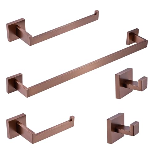 TRUSTMI Brushed Rose Gold 5-Piece Bathroom Hardware Set Wall Mount | SUS304 rose gold, laser-welded, 23.6" bar, 10.6" ring, 6.3" holder, 2 hooks, hardware included - color: Brushed Rose Gold