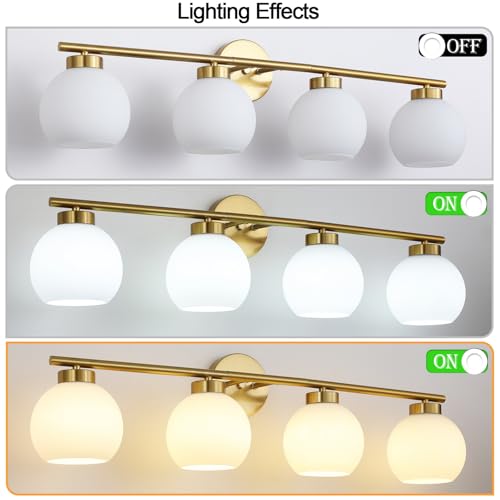 4 Light Bathroom Vanity Light, Gold Bathroom Light Fixtures Over Mirror, Mid Century Modern Wall Light with Frosted Globe Glass Shades, 32 inch Brass Vanity Lights, E26 Socket - color: Gold & Milky White Glass, size: 4-Light