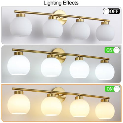 4 Light Bathroom Vanity Light, Gold Bathroom Light Fixtures Over Mirror, Mid Century Modern Wall Light with Frosted Globe Glass Shades, 32 inch Brass Vanity Lights, E26 Socket - color: Gold & Milky White Glass, size: 4-Light