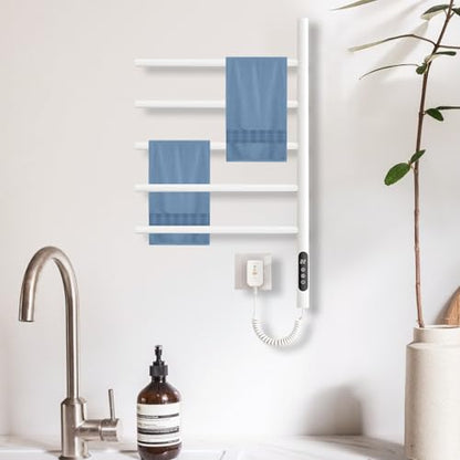 Heated Towel Racks for Bathroom, 180° Swivel Electric Towel Warmer Rack with Touch Panel, Multi-Level Timer & Temperature Adjustments, Wall Mounted 5 Bars Hot Towel Rack (White-01) - color: White, size: G63