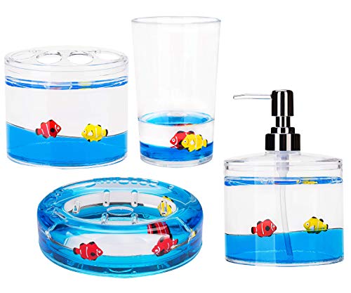 4 Piece Acrylic Liquid 4D Floating Motion Bathroom Vanity Accessory Set Ocean Cartoon Animal Theme Fish Toothbrush Holder, Tumbler, Soap Dispenser, Soap Dish - size: 4-piece, style: Fish