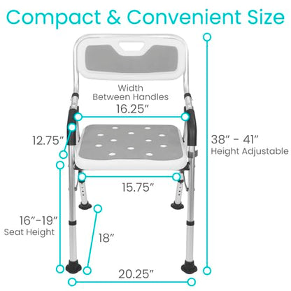 Vive Shower Chair for Elderly and Disabled - Folding Seat with Arms and Back - Foldable Bathroom Chairs for Sitting, Inside Shower - Portable for Travel - Fold Down, Collapsible, Compact & Comfortable | Foldable Bathroom Chairs for Sitting, Inside Shower
