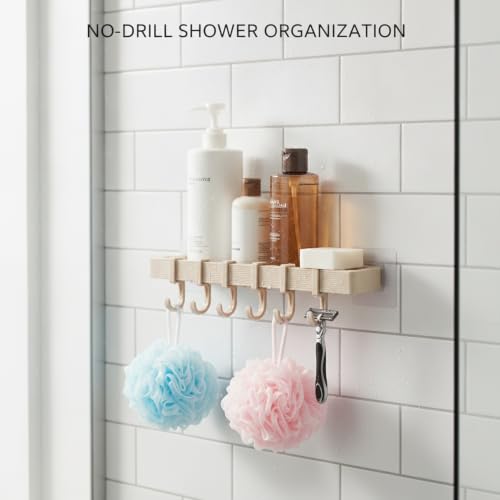 Adhesive Shower Caddy, 13.6-Inch Wide No-Drill Wall Mount Rack for Bathroom & Kitchen, PP Plastic Storage Organizer (1 PC) - color: Tan