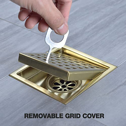 TRUSTMI Shower Drain with Base Flange 4 Inch Square Floor Drain with Flat or Tile Insert Grid Patten Grate Cover of SUS 304 Stainless Steel, Threaded Adapter Adjustable Drain Strainer, Brushed Gold