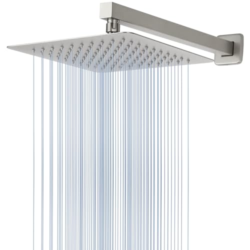 Voolan All Metal Shower Head with Extension Arm, Stainless Steel Waterfall Rainfall Showerheads, High Flow Bathroom Square Rain Shower Head (10’’ Shower Head with 16’’ Shower Arm, Brushed Nickel) - color: Brushed Nickel, size: 10’’ Shower Head with 16’’ S