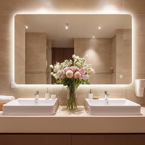 48''X30'' Lighted Mirrors for Bathroom Wall Backlit Rectangular Rounded Corners, LED Bathroom Mirror Frameless with Lights, Dimmable, 3 Colors,Tempered Glass, Shatter-Proof - color: Color 2 No Anti Fog, size: 48"L x 30"W