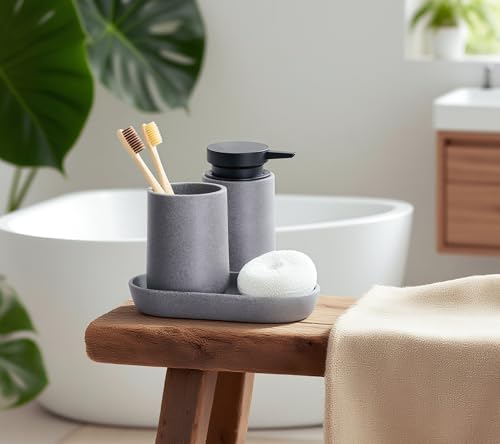 Clasin Home 3 Pcs Bathroom Accessories Set, Liquid Soap Dispenser with Large Pump, Toothbrush Holder Cup and Soap Dish, Sandstone Texture Bathroom Counter Set for Modern Home (Gray) - color: Gray