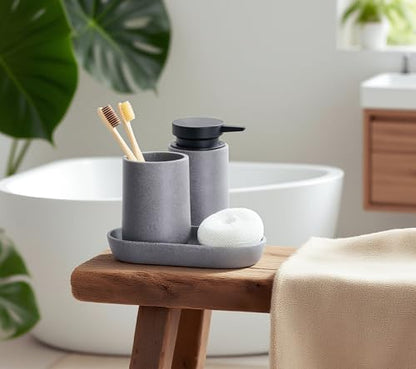 Clasin Home 3 Pcs Bathroom Accessories Set, Liquid Soap Dispenser with Large Pump, Toothbrush Holder Cup and Soap Dish, Sandstone Texture Bathroom Counter Set for Modern Home (Gray) - color: Gray