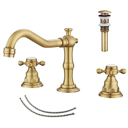 2 Handles 3 Holes Faucet Widespread Bathroom Sink Faucet Antique Brass Basin Tap Mixer Supply Hose Included Matching Metal Pop Up Drain - color: Antique Brass, style: Ceramic Cover