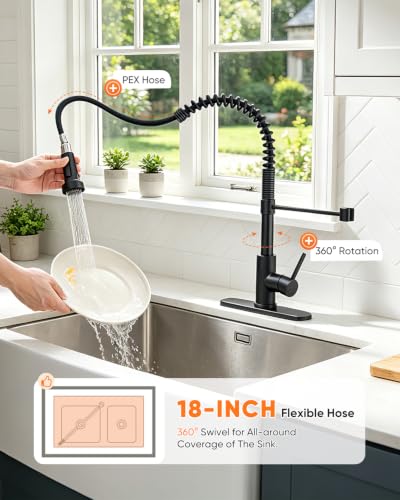 Kitchen Faucet with Pull Down Sprayer Matte Black | 1 Handle Spring Sink Faucets, Lead-Free NSF Certified Stainless Steel,1 or 3-Hole Deck Plate,Farmhouse, RV, Bar, Laundry Room - color: B - Black