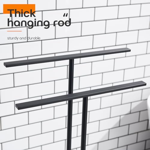Free Standing Towel Racks Matte Black 2-Tier Towel Holder for Bathroom Floor Stand with Heavy Marble Base Thicken Steady Design Stainless Steel AN7005MB - color: Matte Black