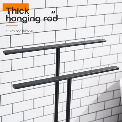 Free Standing Towel Racks Matte Black 2-Tier Towel Holder for Bathroom Floor Stand with Heavy Marble Base Thicken Steady Design Stainless Steel AN7005MB - color: Matte Black