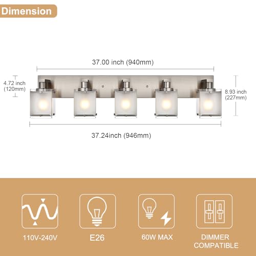5-Lights Bathroom Vanity Light Fixtures, Modern Brushed Nickel Wall Sconce Lighting with Rectangular Frosted Glass Shades, E26 Bulb Base - color: Brushed Nickel, Frosted Glass, size: 5-Lights