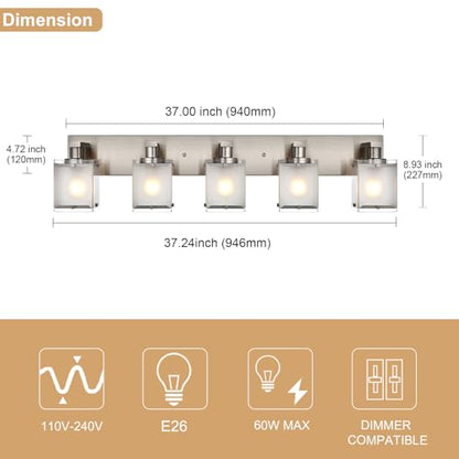 5-Lights Bathroom Vanity Light Fixtures, Modern Brushed Nickel Wall Sconce Lighting with Rectangular Frosted Glass Shades, E26 Bulb Base - color: Brushed Nickel, Frosted Glass, size: 5-Lights