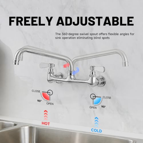 Wall Mount Kitchen Faucet 14" Gooseneck Swivel Spout, Chrome | Lead-Free Brass Body, Dual Handle Hot & Cold,8" Center,Commercial Sink Faucet for Laundry Restaurant Utility Sinks - size: 14 Inch
