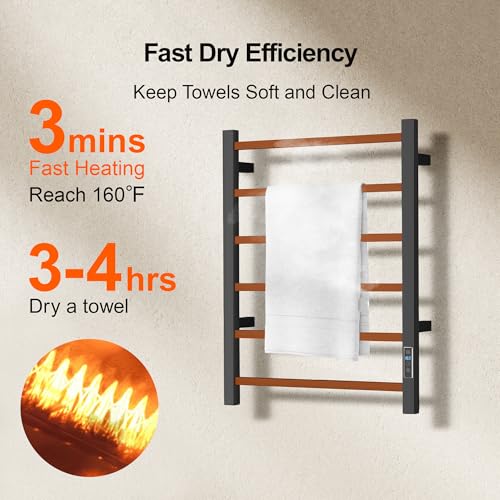 Electric Heated Towel Warmer - Wall Mounted Bathroom Towel Rack, Plug-in Design & Brushed Stainless Steel Black with Timer & Temperature Control 6 Bar - color: Square Black With Timer, size: 6 Bar