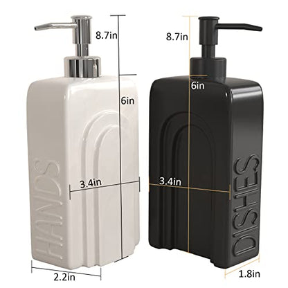 Soap Dispenser Set with Funnel, Non-Slip Silicone Pads, 2 Pack Ceramic Refillable Dish Soap and Hand Soap Dispenser for Kitchen, Bathroom, Matte Black and White - color: White & Black