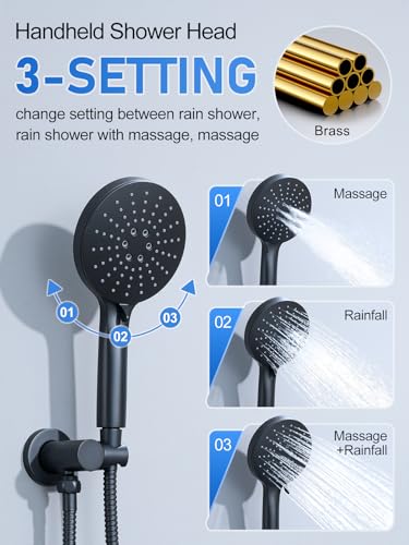 Woindo Shower Faucet Set 10" Rain Shower Head/8'' Side Shower Head and 3 Setting Handheld Ceiling Mount 3 Push Button Diverter Complete Rainfall Round Shower System Included Valve Trim Kit - color: Matte Black, style: 10"-R-Ceiling-02