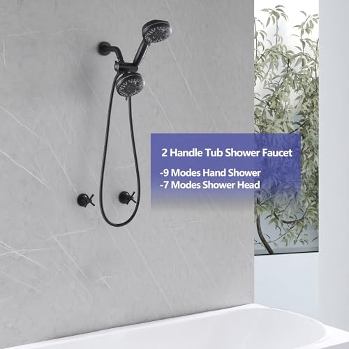 2 Handle Shower Faucet Black 2 in 1 Shower Combo Set with Valve | 9 Modes Hand Shower, 7 Modes Shower Head, Dual Head Work independently /Work Together, Brass Valve, NPT 1/2" US Connection - color: Matte Black, style: Style C