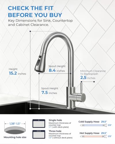 VFAUOSIT Kitchen Faucet with Pull Down Sprayer, Lead-Free Brushed Nickel | NSF 61/372 and cUPC Certified, 3 Spray Modes, 20-Inch Retractable Hose, Cold-Start Safety, 10-Minute Tool-Free Install - color: Brushed Nickel