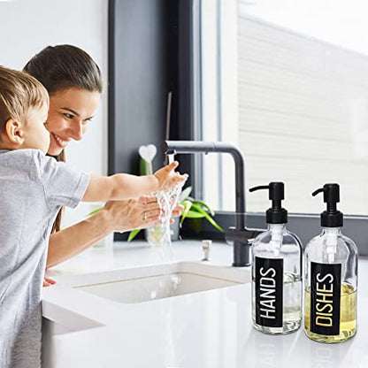 JASAI 2Pack 18OZ Glass Soap Dispenser with Black Hand & Dish Printed Label | Clear Glass Kitchen Soap Dispenser with Rustproof 304 Stainless Steel Pump for Hand Soap & Dish Soap - color: Black With Black Pump