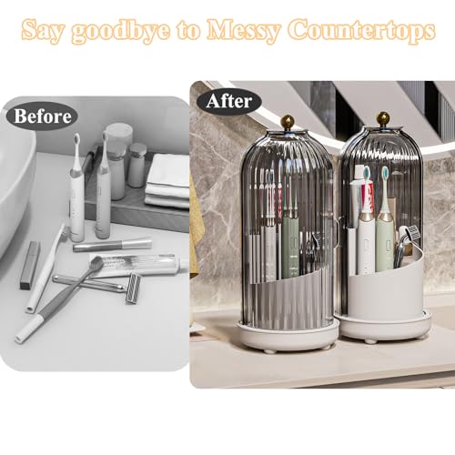 Drainable Toothbrush Toothpaste Holders with Cover, Grey White | Drainage Holes, Waterproof and Dustproof, 360° Rotating Base, Sliding Door, for Bathroom Counter - color: Grey White
