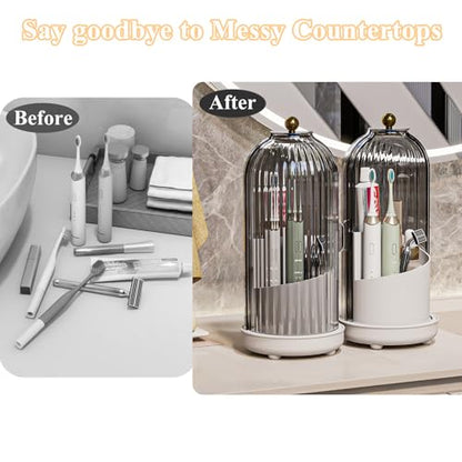 Drainable Toothbrush Toothpaste Holders with Cover, Grey White | Drainage Holes, Waterproof and Dustproof, 360° Rotating Base, Sliding Door, for Bathroom Counter - color: Grey White