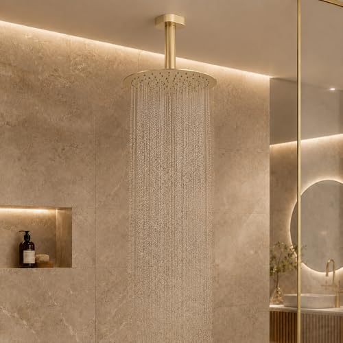 12 Inch Round Rainfall Shower Head, High Pressure Overhead Shower Heads, Wall Ceiling Mounted Ultra Thin Stainless Steel Shower Head, Brushed Gold - color: Brushed Gold, size: 12-Inches, style: Round