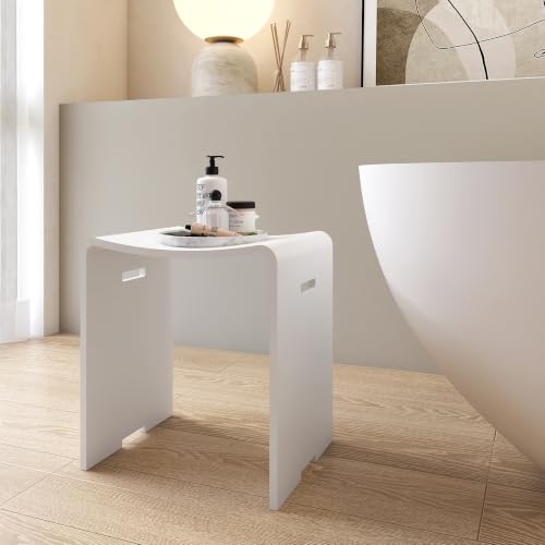 Modern Shower Stool, Matte White Solid Surface Bath Stool | Stone Resin Heavy-Duty, Matte Surface, Non-Slip Waterproof Chair Seat for Inside Showers and Outdoor Use (400 lbs Capacity) - color: White Handle Cutouts