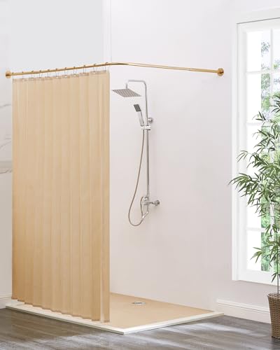 Corner Shower Curtain Rod, [24"-37"] x [24"-37"] Adjustable L Shaped Shower Rod No-Sagging Square 90 Degree Curved Curtain Rod for Bathroom with 12 Hooks & Ceiling Support - Gold - size: 24"-37" x 24"-37"