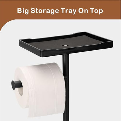 Free Standing Toilet Paper Holder Stand with Phone Shelf, Holds 5 Paper Rolls, Black Tissue Roll Holder for Bathroom, Sturdy Engough for Potted Plants
