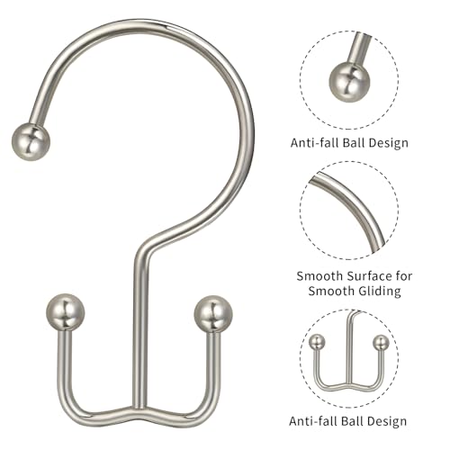 CHICTIE Nickel Shower Curtain Hooks, Double Shower Curtain Rings, Stainless Steel Shower Curtain Hooks Rings RustProof, Anti-Drop Shower Hooks Hangers for Shower Curtain Rods Bathroom (12 Pack) - color: Nickel