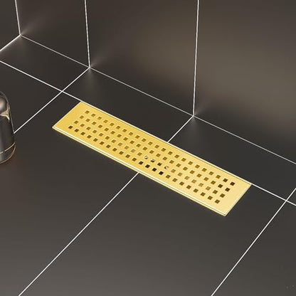 SaniteModar Linear Shower Drain 12 inch Brushed Gold with Square Hole Panel | AISI 304 Stainless Steel Brushed Gold Linear Dain Rectangle Shower Floor Drain with Hair Strainer and Leveling Feet - color: Brushed Gold, size: 12 Inch