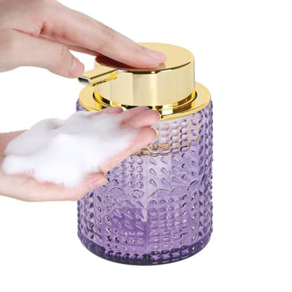 Foaming Soap Dispenser, Purple Glass Foam Soap Dispenser with Gold Pump, Refillable 10oz Lotion Liquid Container Pump Bottle for Bathroom Kitchen Countertop - color: Purple