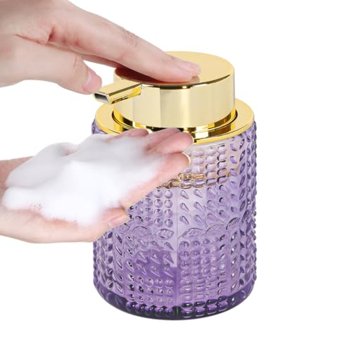 Foaming Soap Dispenser, Purple Glass Foam Soap Dispenser with Gold Pump, Refillable 10oz Lotion Liquid Container Pump Bottle for Bathroom Kitchen Countertop - color: Purple