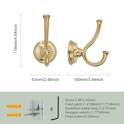TUNNY Towel Hook Bathroom-2 Pack Champagne Gold Brushed Double Robe/Towel Hook Wall Mounted Hook for Bathroom Bedroom Kitchen - color: Champagne Gold Brushed
