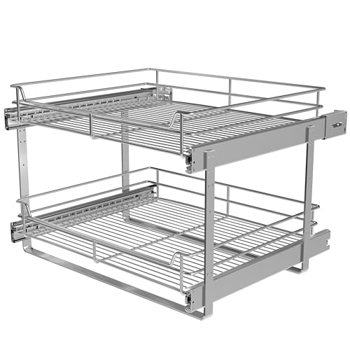 2-Tier Cabinet Pull Out Shelves, 20" W x 22" D, Chrome | Heavy-Gauge Wire Kitchen Cabinet Organizer, 100 lbs Capacity, Ball-Bearing Glides, Min 21" Opening, Pots & Pans Organizer - size: 20 x 22 Inch