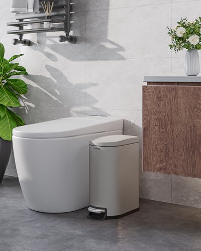 2.6 Gal / 10 L Metal Bathroom Trash Can with Lid, Slim Step-On Garbage Can with Soft Close Lid, Stainless Steel Waterproof Trash Bin for Bedroom with Inner Bucket, Rear Handle, Gray - color: Grey
